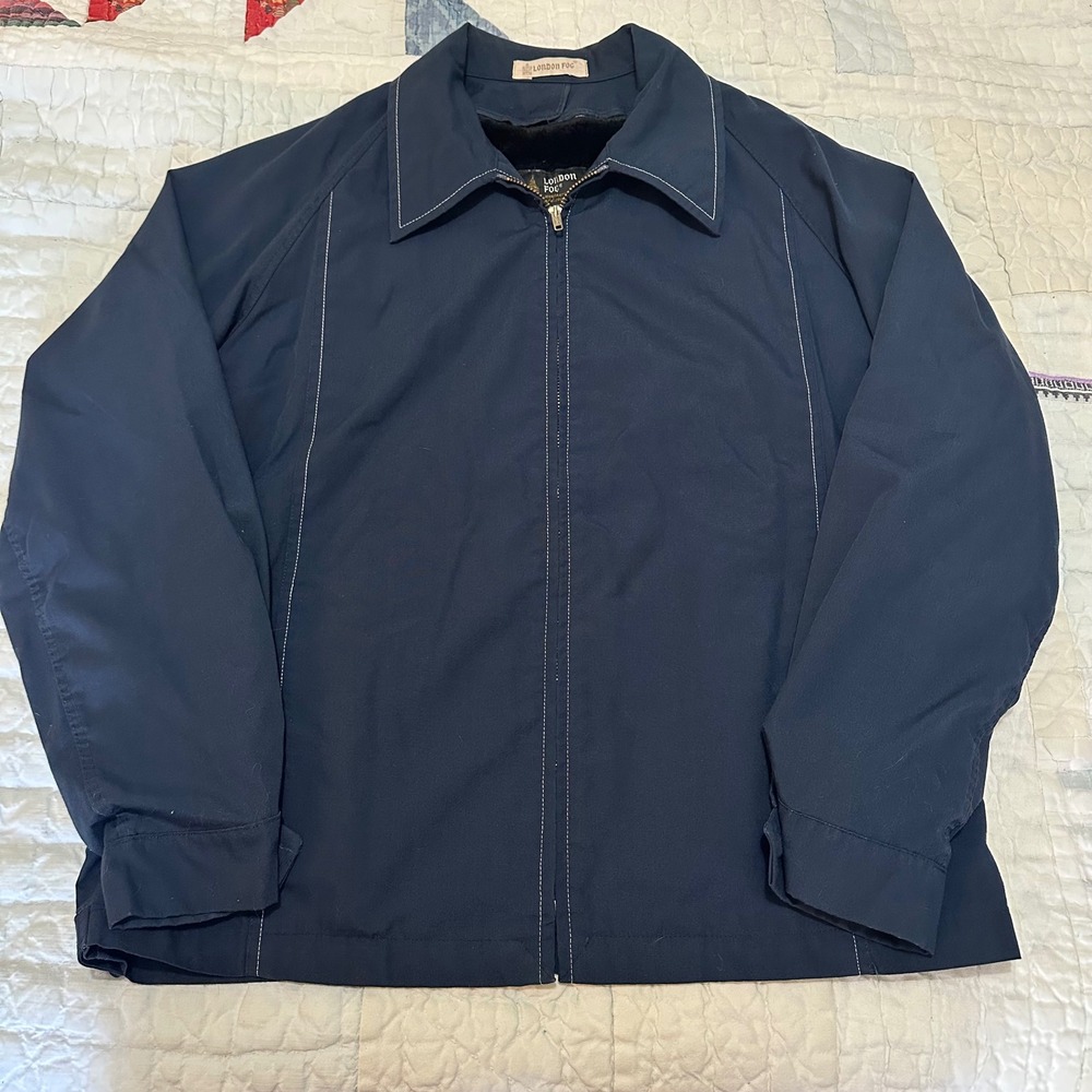 London Fog Harrington Jacket Navy Blue Faux Fur Lined Vintage 42 Reg